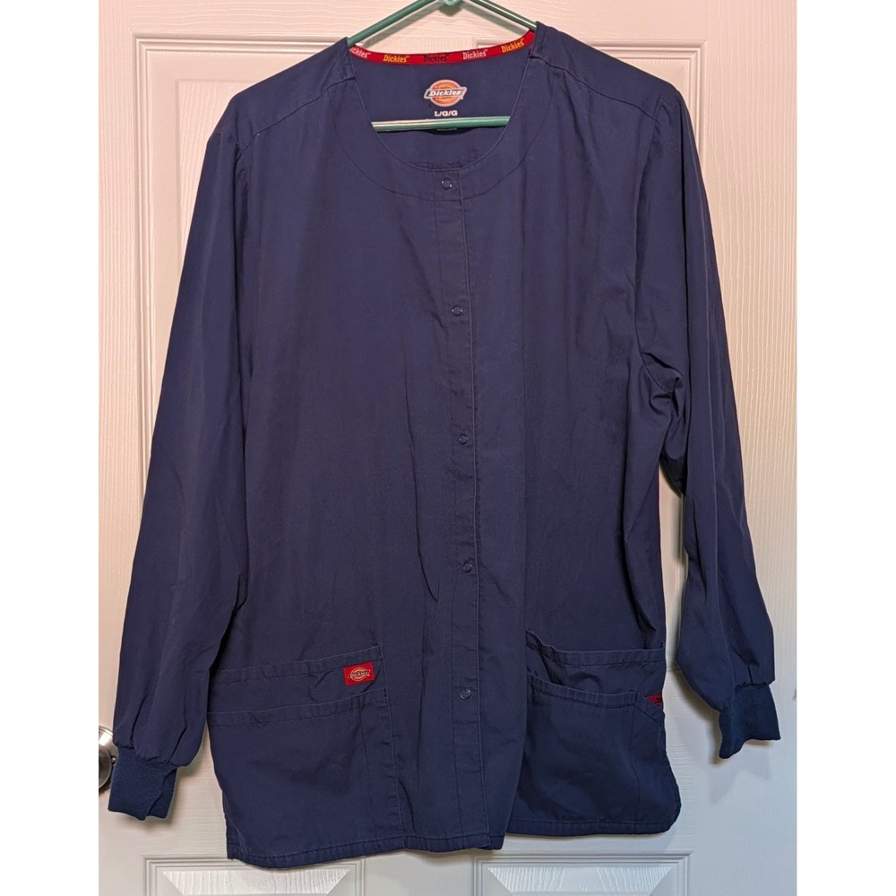 Dickies Navy Blue Snap Front Scrub Jacket Long Sleeve Warm Up Large L